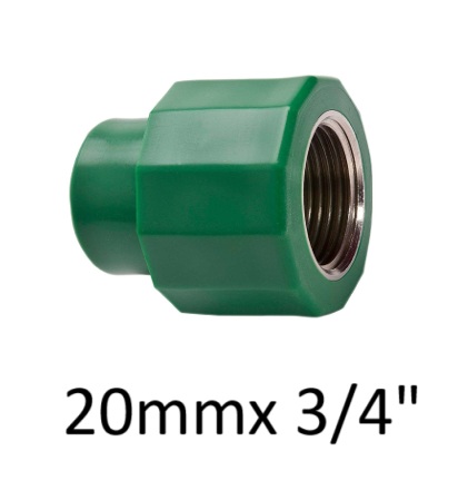 CUPLA FUSION REDUCCION 20mm CON INSERTO HEMBRA 3/4" GINYPLAST