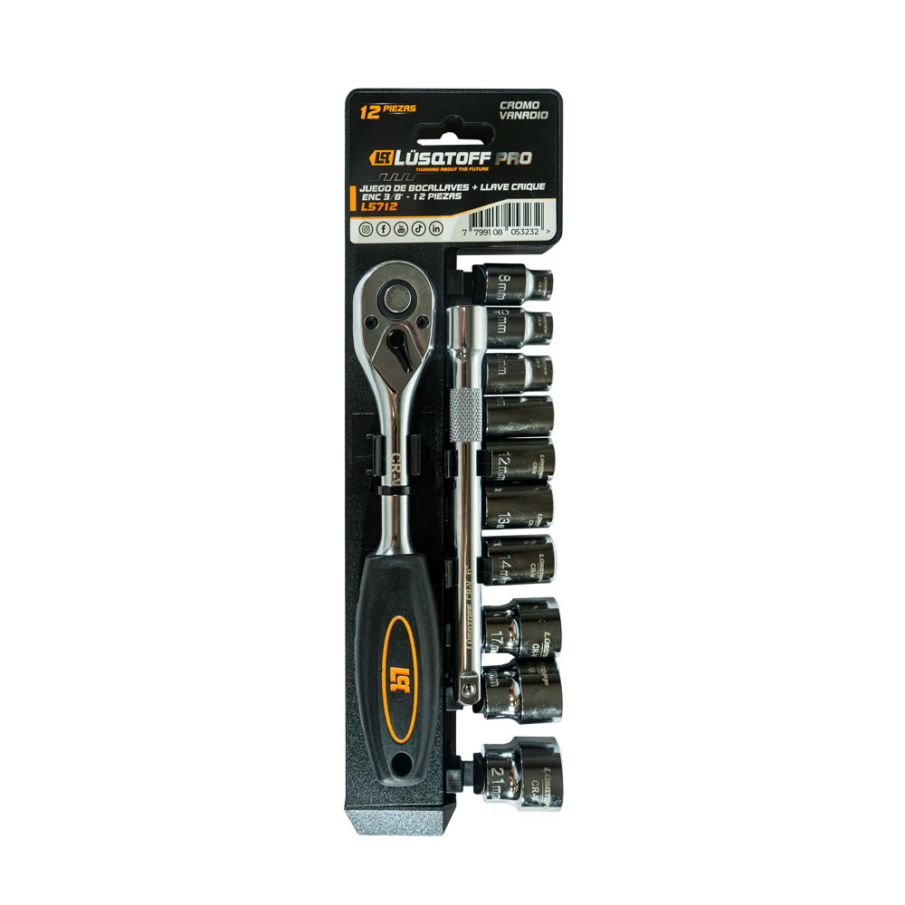 JUEGO DE BOCALLAVE Y LLAVE CRIQUE 12 PZAS ENCASTRE 3/8 LUSQTOFF