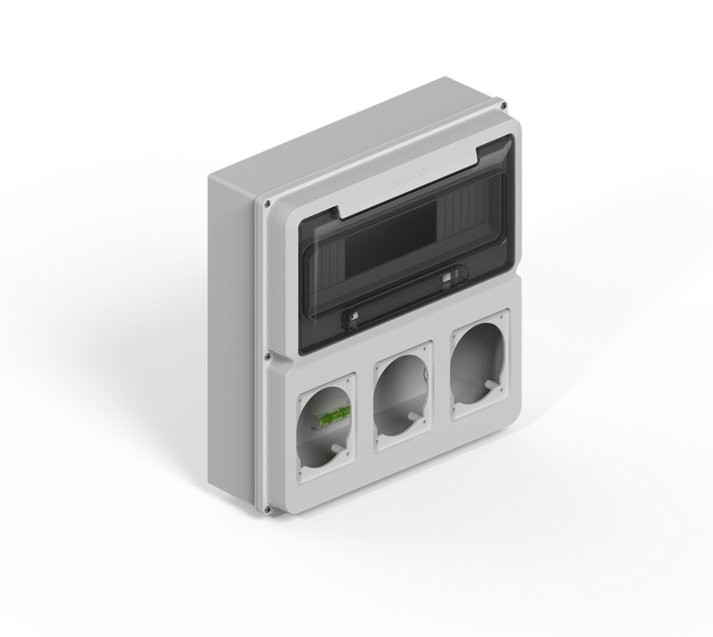 CAJA IP65 P/12 POLOS DIN + UN MODULO P/3 TOMAS ENCAPSULADAS - GRIS GENROD