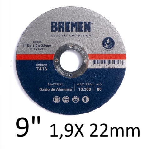 [7420-BREMEN] DISCO DE CORTE  9" (230x1.9x22mm) OX. ALUMINIO [10 unid]  " BREMEN