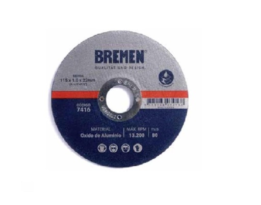 [7416-BREMEN] DISCO DE CORTE  4-1/2" (115x1.0x22mm) OX. ALUMINIO [25 unid] BREMEN
